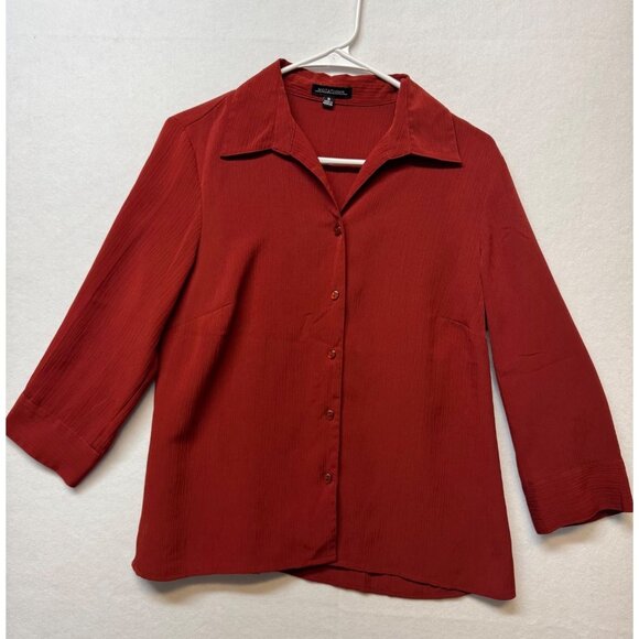 Notations Tops - Notations Womens Red Button-Up Blouse M Textured Fabric Collared 3/4 Sleeve Top